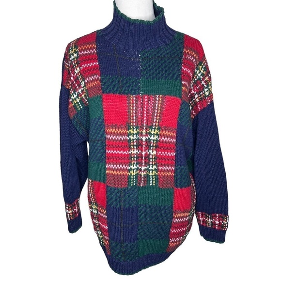VTG Limited Oversized Hand Knit Color Block High Neck Sweater Size S Patchwork - Picture 3 of 15
